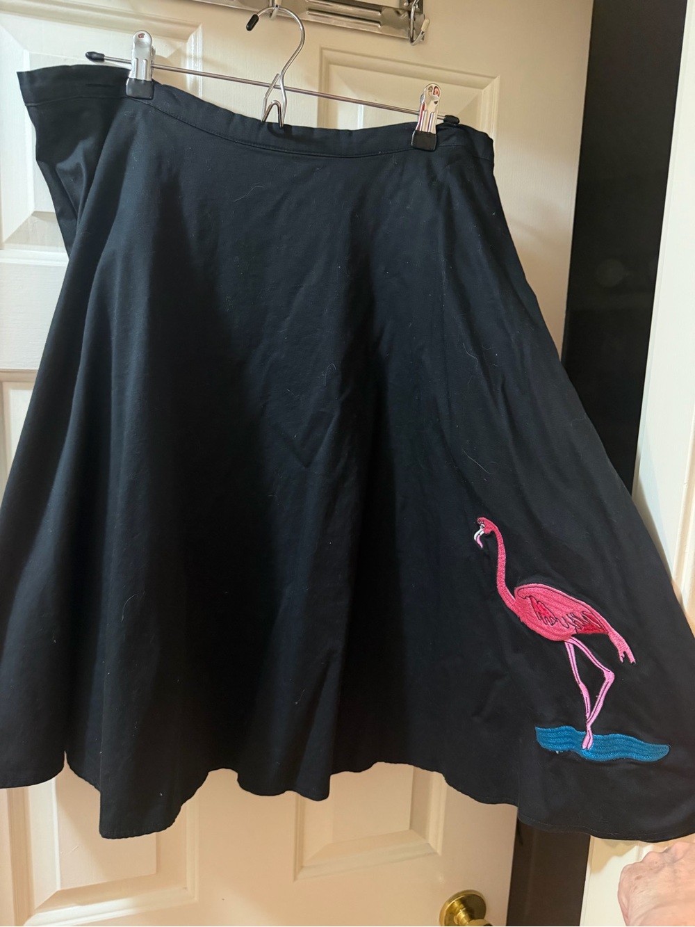 Collectif Black Circle Skirt with Pink Flamingo Embroidery